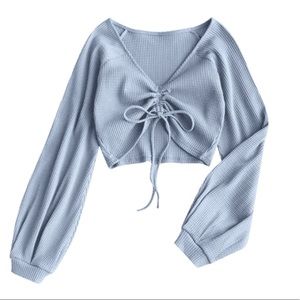 Zaful Textured Knitted Gathered Top Blueish Grey